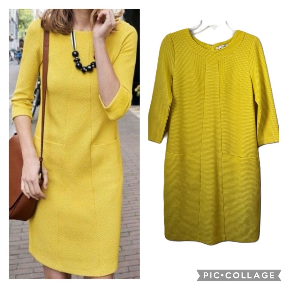 Boden riva jacquard dress size 8 yellow round neck 3/4 sleeve knee length pocket